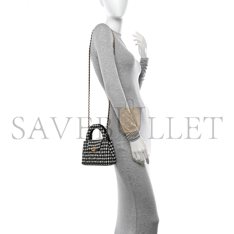Ch*el tweed houndstooth quilted nano kelly shopper black white as4416 (19*13*7cm)